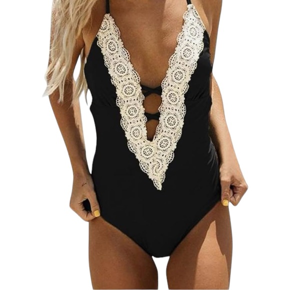 Cupshe Other - NWT Ladies One Piece Swim Suit Embroidered Detail Plunge V Neck Spaghetti Strap